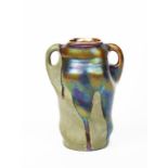 An Art Nouveau Tiffany Studios twin-handled vase, cylindrical form with modelled floriform