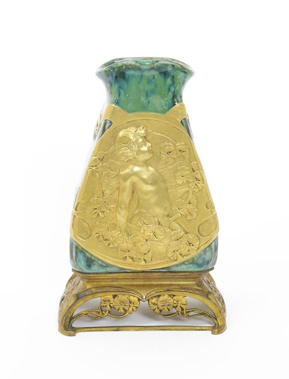 An Art Nouveau porcelain vase on gilt bronze mount by Charles Korschann, the tapering body with - Image 4 of 5