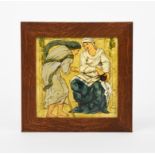 A Maw & Co Good Women tile, printed and painted with a woman giving money from a purse to a