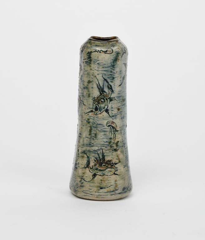 A small Martin Brothers stoneware Aquatic vase by Edwin and Walter Martin, dated 1913, swollen,