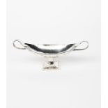 An A E Jones silver footed dish, model no.552A, boat-shaped twin-handled bowl with applied strap