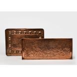 A Keswick School of Industrial Arts copper tray, rectangular with raised rim, scrolling foliage,