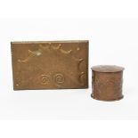 A Newlyn patinated copper tea caddy and cover, cylindrical form, hammered in relief with a frieze of