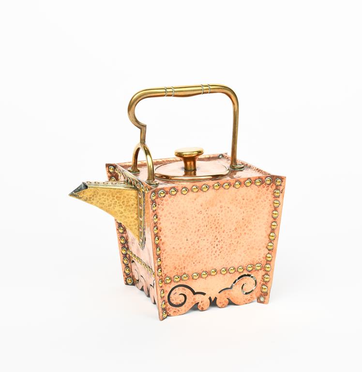 A Benham & Froud copper and brass tea kettle and cover designed by Dr Christopher Dresser, flaring - Image 3 of 3