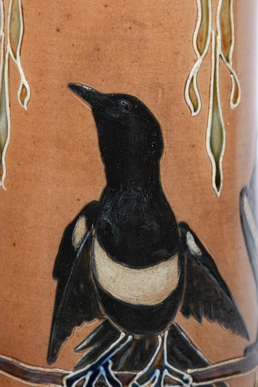 A rare Royal Doulton stoneware vase by Florence Barlow, waisted cylindrical form, pate sur pate - Image 2 of 2