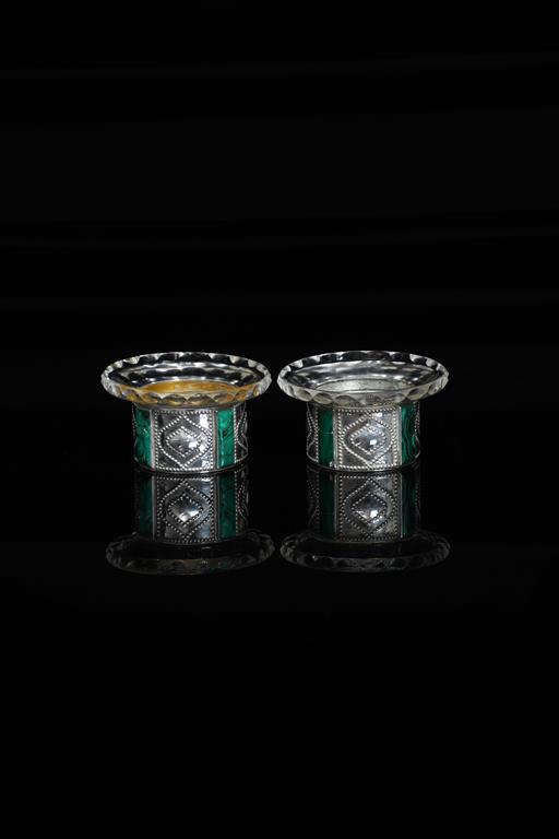 A pair of Viennese silver and malachite table salts designed by Josef Hoffmann for Palais Stoclet