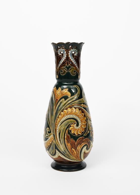 A Doulton Lambeth stoneware vase by Eliza Simmance, swollen form with pierced cylindrical neck,