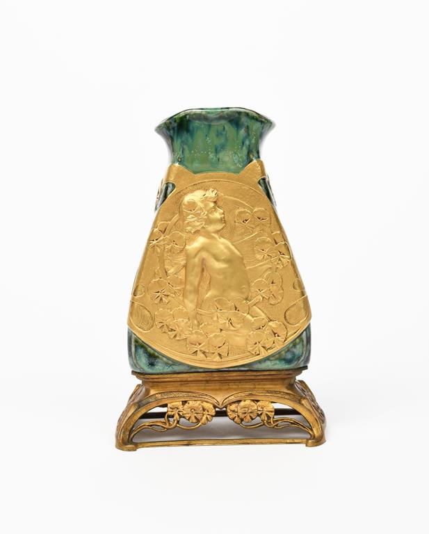 An Art Nouveau porcelain vase on gilt bronze mount by Charles Korschann, the tapering body with - Image 2 of 5