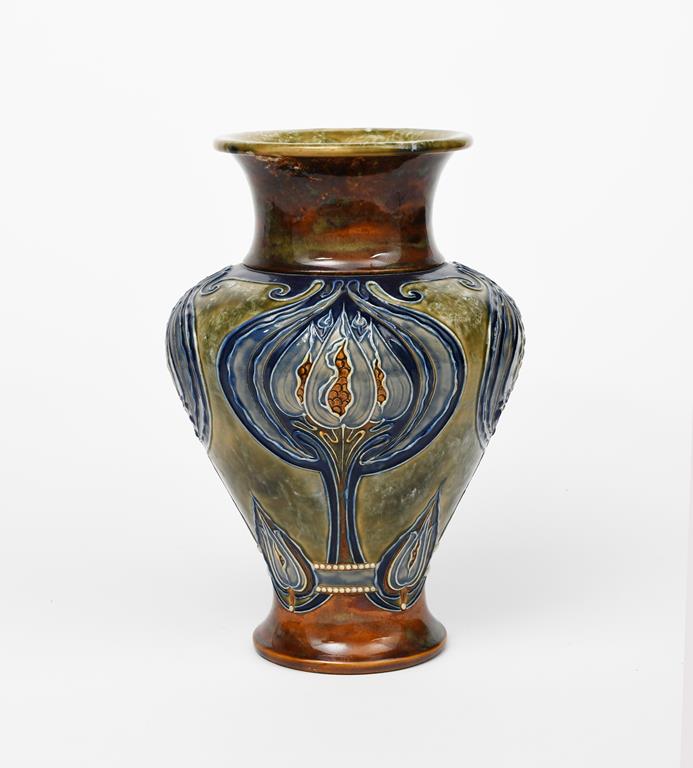 A Doulton Lambeth stoneware vase by Eliza Simmance, shouldered form with flaring neck, tubeline