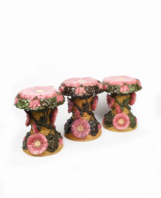 A set of three Art Nouveau Zsolnay Pecs Lotus Ware garden seats, designed by Julia Zsolnay, model