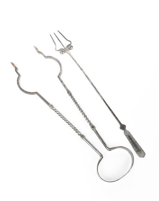 A pair of Thornton & Downer fire tongs and a toasting fork, wrought steel, square section with