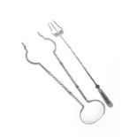A pair of Thornton & Downer fire tongs and a toasting fork, wrought steel, square section with