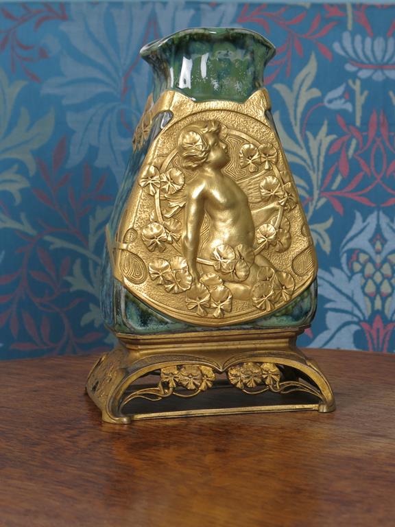 An Art Nouveau porcelain vase on gilt bronze mount by Charles Korschann, the tapering body with - Image 3 of 5