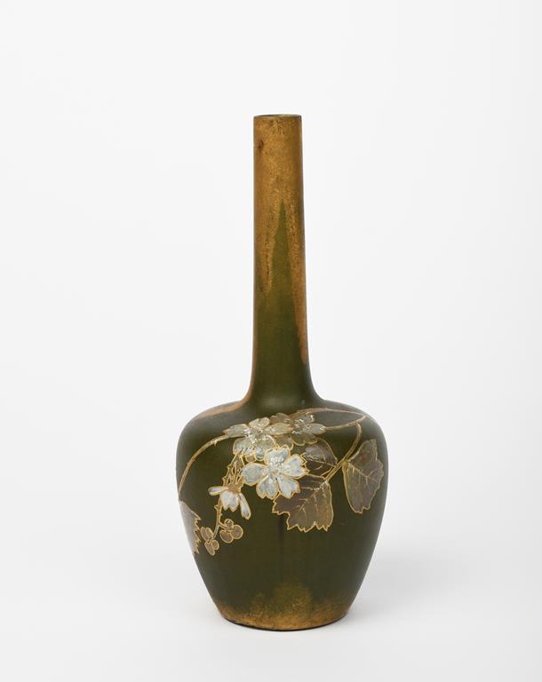An Art Nouveau Clement Massier Golfe Juan solifleur vase, ovoid with tall cylindrical neck,