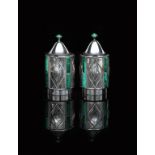 A pair of Wiener Werkstätte silver and malachite preserve jars designed by Josef Hoffmann for Palais