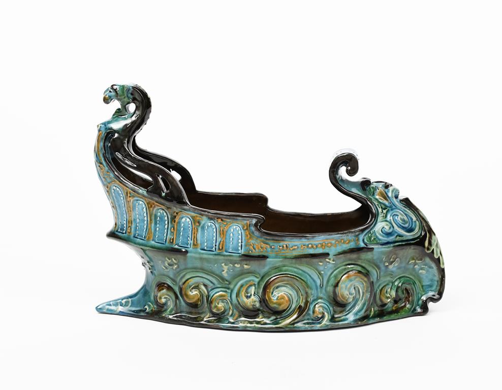A C H Brannam Barum Ware pottery boat centrepiece by Thomas Liverton, dated 1901, modelled on
