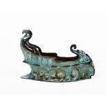 A C H Brannam Barum Ware pottery boat centrepiece by Thomas Liverton, dated 1901, modelled on