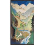 A Heal & Son woven wool wall hanging, rectangular, depicting a unicorn running through a stylised