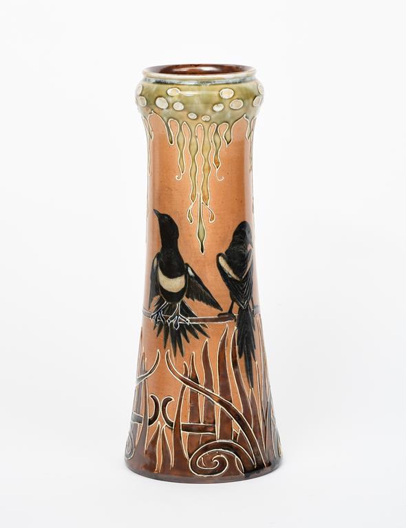 A rare Royal Doulton stoneware vase by Florence Barlow, waisted cylindrical form, pate sur pate