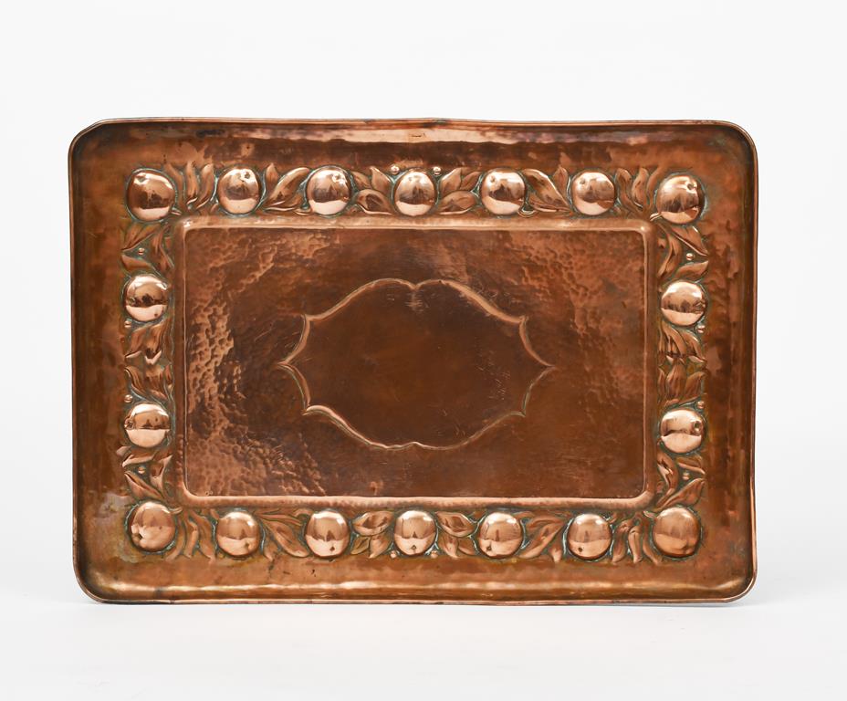 A Keswick School of Industrial Arts copper tray, rectangular with raised rim, scrolling foliage, - Image 2 of 2