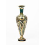 A James Macintyre Green and Gold Florian Ware vase designed by William Moorcroft, slender baluster