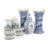 A COLLECTION OF BLUE AND WHITE POTTERY MODERN comprising: a pair of Dutch Delft vases of flared