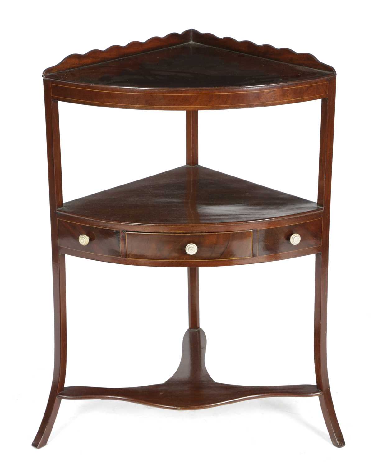 A GEORGE III MAHOGANY CORNER WASHSTAND LATE 18TH CENTURY inlaid with boxwood stringing and with
