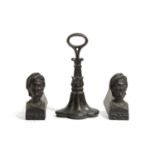 A PAIR OF VICTORIAN CAST IRON FIREDOGS C.1870 with female bust finials, together with a