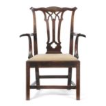 AN EARLY GEORGE III MAHOGANY OPEN ARMCHAIRCHIPPENDALE PERIOD, C.1760-70 with a pierced Gothic