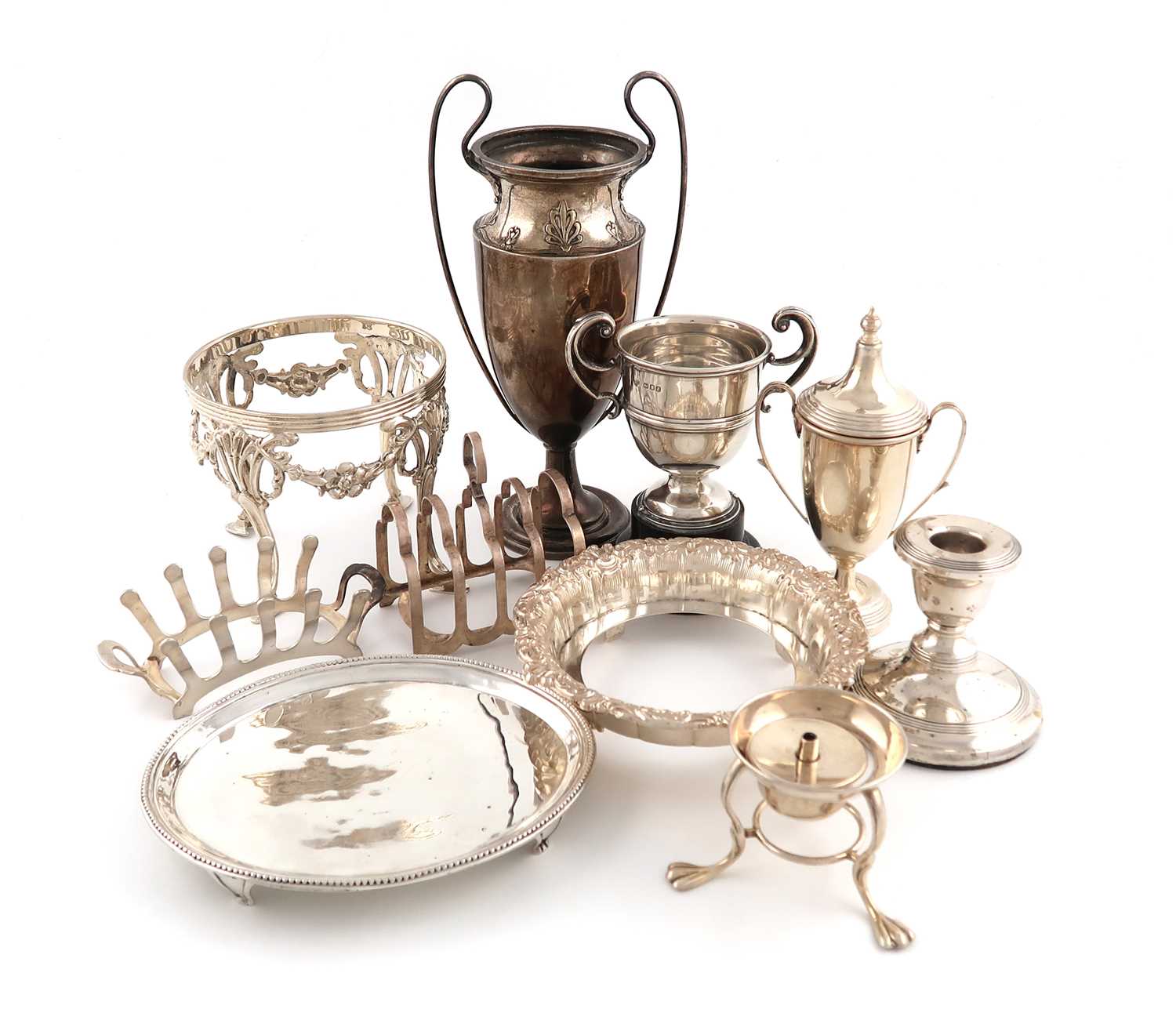A mixed lot of silver items,various dates and makers,comprising: a two-handled trophy cup, a
