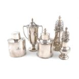 A mixed lot of silver items, comprising: a George II sugar caster, by Samuel Wood, London 1756,
