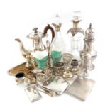A mixed lot,comprising silver items: an Edwardian silver-mounted cut glass decanter, by John