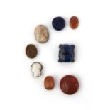 A collection of hardstone jewels, late Roman and later, comprising: two agate cameos depicting women
