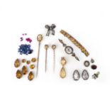 A collection of jewels and findings, 19th century and later, comprising: three topaz stick pins,