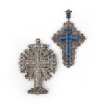 A mid 19th century paste cross pendant, set with blue and colourless pastes in silver settings,