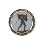 A hardstone and micromosaic snuff box, circa 1800, the round box in polished granite flecked with