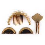λ A pair of gilt metal, tortoiseshell and paste haircombs, and two hair ornaments, 19th century, the
