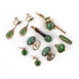 A collection of jadeite jewels, comprising: two pairs of jadeite earrings, longer pair 3.8cm, a