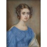 λ English School 19th Century Portrait miniature of a young lady wearing a blue dress and ringlets