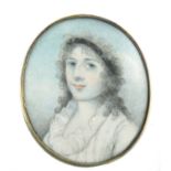 λ English School 18th Century Portrait miniature of a lady wearing a white dress and black