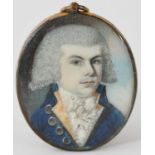 λ English School 18th Century Portrait miniature of a gentleman wearing a blue coat and powdered wig