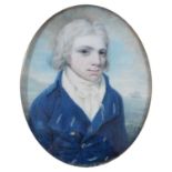 λ English School Late 18th Century Portrait miniature of a gentleman wearing a blue coat, a calm sea