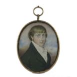 λ E. Tayler (act.1802-1830) Portrait miniature of a gentleman wearing a green coat Oval, in a gilt