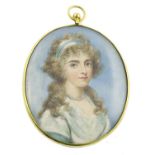 λ Manner of John Barry Portrait miniature of a lady wearing a white dress and pearl necklace Oval,