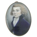 λ English School 18th Century Portrait miniature of a gentleman wearing a blue coat and powdered wig