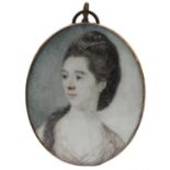 λ Circle of Richard Crosse Portrait miniature of a lady wearing a pink dress and with pearls in