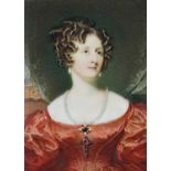 λ Sir William Charles Ross RA (1794-1860) Portrait miniature of a lady wearing a red dress, pearl