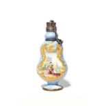 A Bilston enamel scent or snuff bottle, c.1780, of flattened double gourd form, painted with