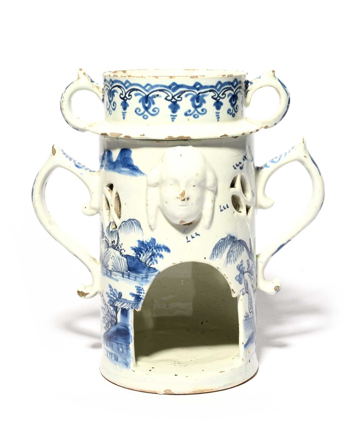 A London delftware part food warmer or veilleuse, c.1765, the cylindrical base painted in blue