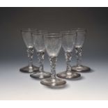 Five small wine glasses of possible Jacobite significance, c.1770, the round funnel bowls engraved